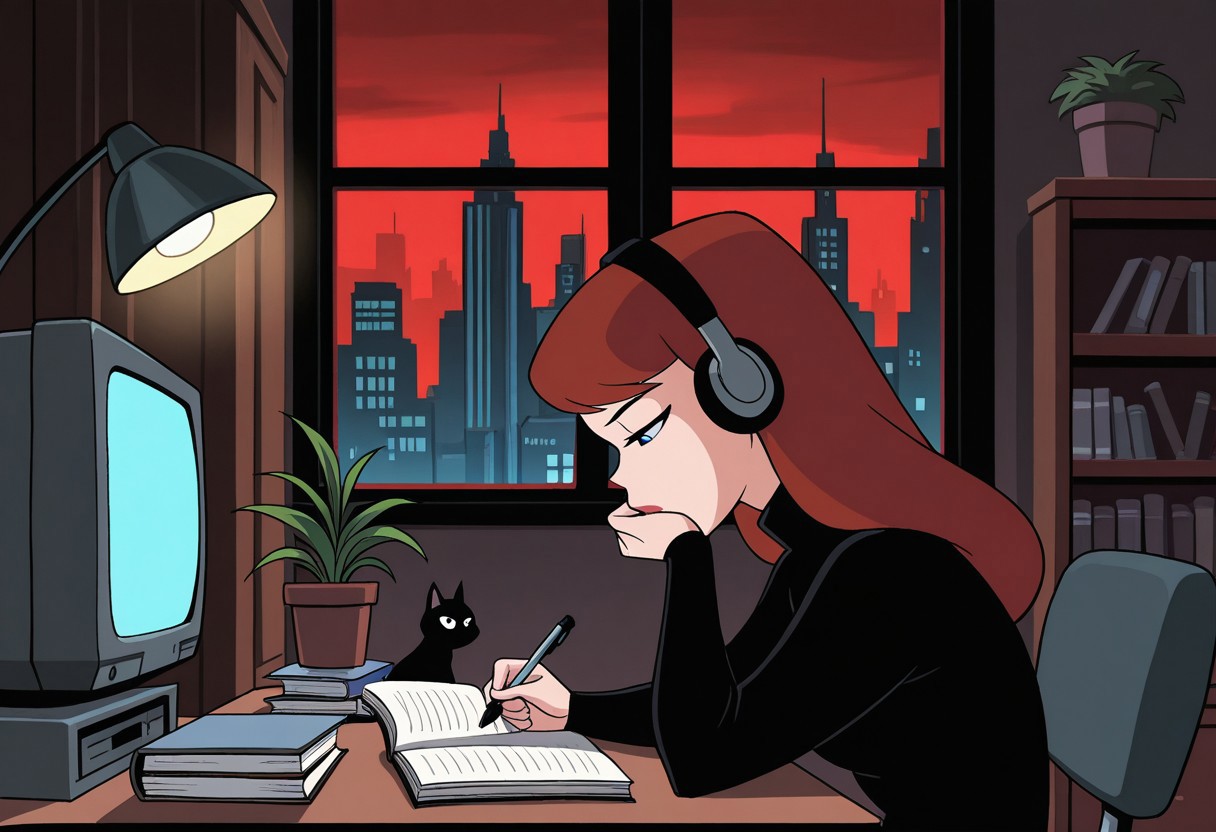 dcaustyle, lofi girl \(youtube\),1girl, solo, barbara gordon, red hair, black turtleneck sweater, from side, studying, listening to music, looking down, headphones, half-closed eyes, head rest, holding pen, desk, black cat, crt, monitor, notebook, desk lamp, bookshelf, open book, book stack, potted plant, window, red sky, gotham city, cityscape, indoors, slice-of-life