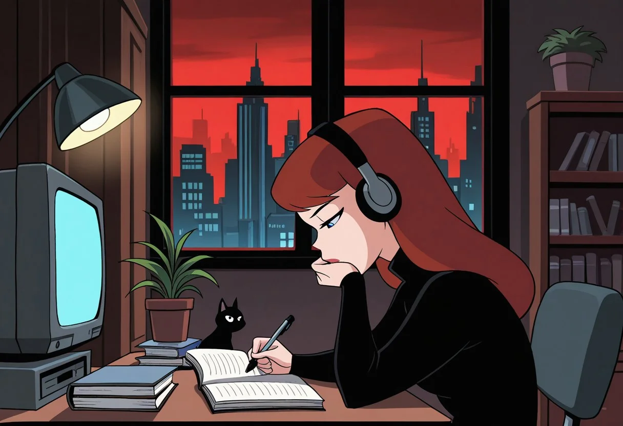 dcaustyle, lofi girl \(youtube\),1girl, solo, barbara gordon, red hair, black turtleneck sweater, from side, studying, listening to music, looking down, headphones, half-closed eyes, head rest, holding pen, desk, black cat, crt, monitor, notebook, desk lamp, bookshelf, open book, book stack, potted plant, window, red sky, gotham city, cityscape, indoors, slice-of-life