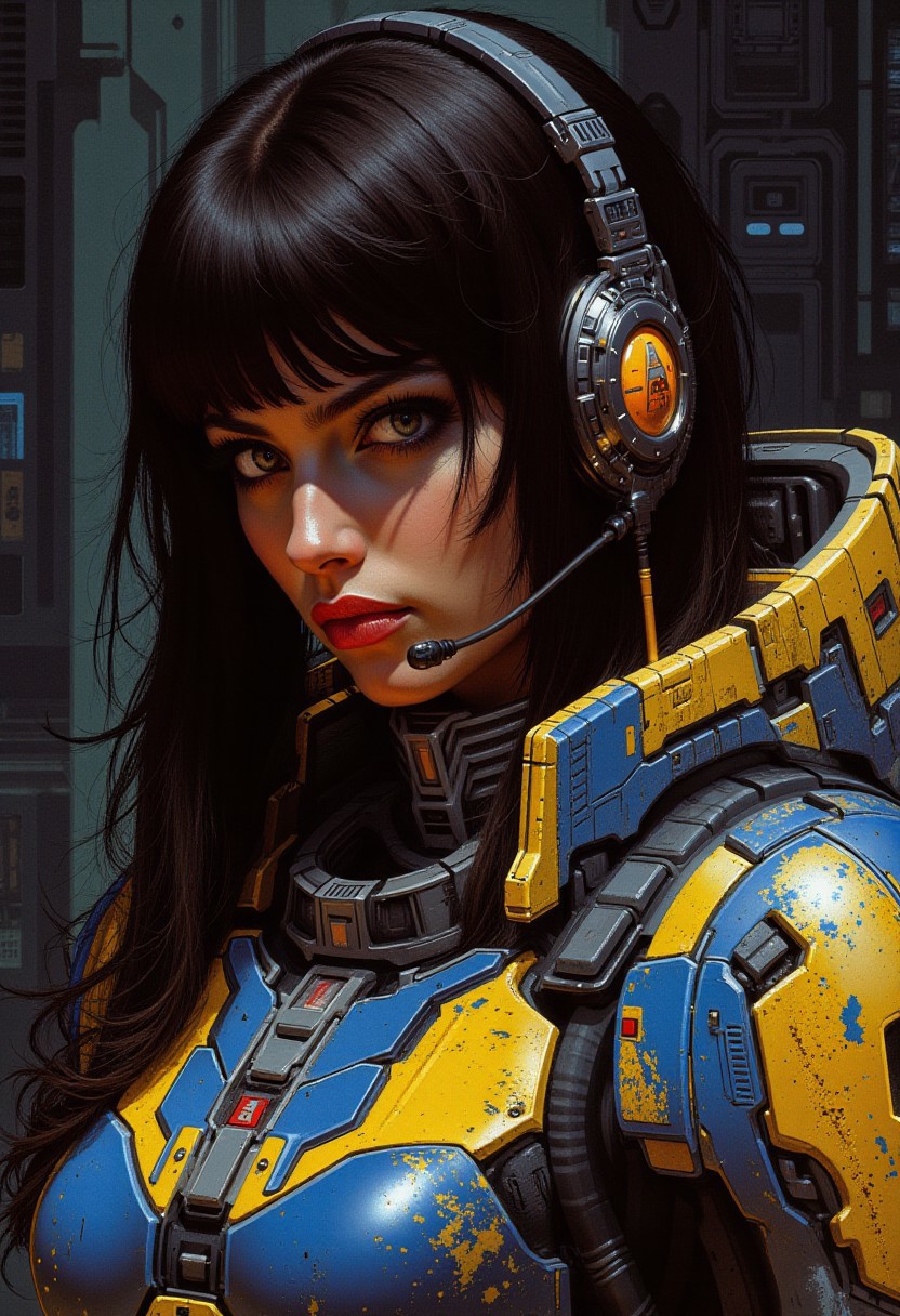 A digital painting portrait in the style of ck-js, in the style of ck-sfc,, portraying a stunning, strikingly beautiful female space pirate, bangs, loose hair, communicator, dark eyeshadow, red lips, battered blue and yellow power armour, iridescent textures , portraying otherworldy sexual allure