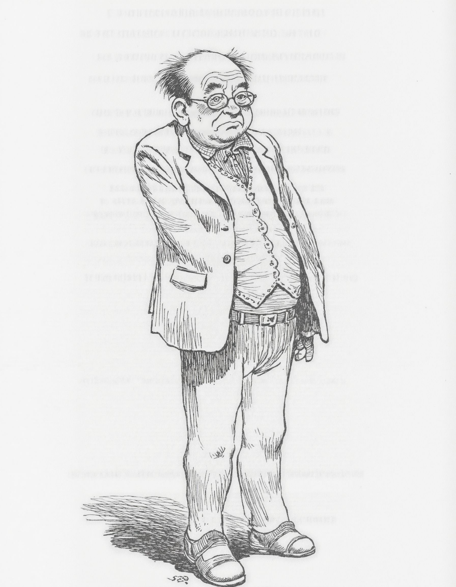 <lora:mig4v:1>,This image is a black and white line drawing, likely created with ink on paper, depicting an elderly man standing with a contemplative or sad expression. The man is drawn in a detailed, almost cartoonish style, with exaggerated features and expressive facial expressions. He has a bald head, thinning hair, and wears glasses, which add to his serious demeanor. His clothing is meticulously detailed, including a suit jacket with a vest, a shirt with a collar, and trousers. The jacket has a belt around the waist, and the trousers are tucked into his shoes, which are simple and practical. The man is standing with his hands clasped in front of him, looking down at the ground, suggesting a moment of reflection or concern. The background is minimal, with only a few sparse lines indicating shadows and ground texture, which keeps the focus on the man. The overall style is reminiscent of early 20th-century cartooning or illustrative art, with a focus on clear, defined lines and shadows to create depth and form.