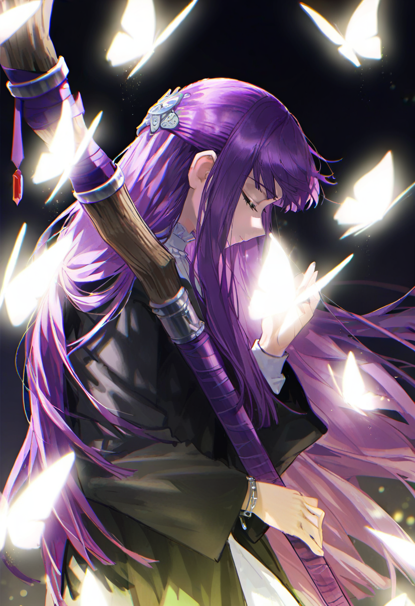 fern \(sousou no frieren\), 1girl, long hair, butterfly, solo, purple hair, bug, closed eyes, holding, long sleeves, hair ornament, black background, dress, light particles, staff, profile, from side, bangs, closed mouth, black dress, glowing butterfly, upper body, holding staff, jewelry, very long hair, butterfly hair ornament, dark background <lora:quasarcakeXL_NBVP1_lokr_V6311P:0.95>