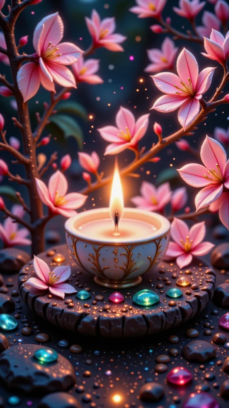 reij-ccnt, accent details, sparkle, A mesmerizing macro photograph centered on a small candleâs flame, surrounded by cherry blossoms and delicate gemstones. The blossoms, dusted with dew, appear almost translucent as the warm candlelight filters through their petals, highlighting each tiny droplet. The gemstones glisten in the foreground, catching the light in shades of emerald and sapphire. The contrast of soft florals, glowing gems, and flickering candlelight creates a scene of serenity and refined beauty, reminiscent of a luxurious garden at dusk. <lora:accent4FLUX-000005:0.75>, Jedjv1 <lora:JedJourney:0.75>,  <lora:FluxDFaeTasticDetails:0.5>, pinketherealmj <lora:PinkieEtherealMJFLUX-v2.0:0.6>