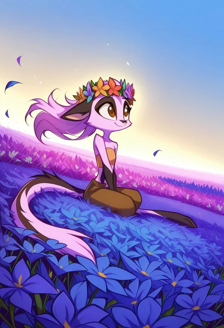 Dreamkeepers,1girl,Prelude_Vi,solo,furry,tail,source_furry,hazel eyes,
child,
hippie , pant , flowerchild girl , flower crown ,Hair Wreath , long hair , strapless cropped top , flower ,colorful , vibrant , sitting , barefoot , flower field , blue sky , flowing hair , cheerful , wind , flower petal ,
masterpiece, best quality ,amazing quality ,S4bit4mago_illu , xxx667_illu ,Protoneon , ma1ma1helmes_b_illu,