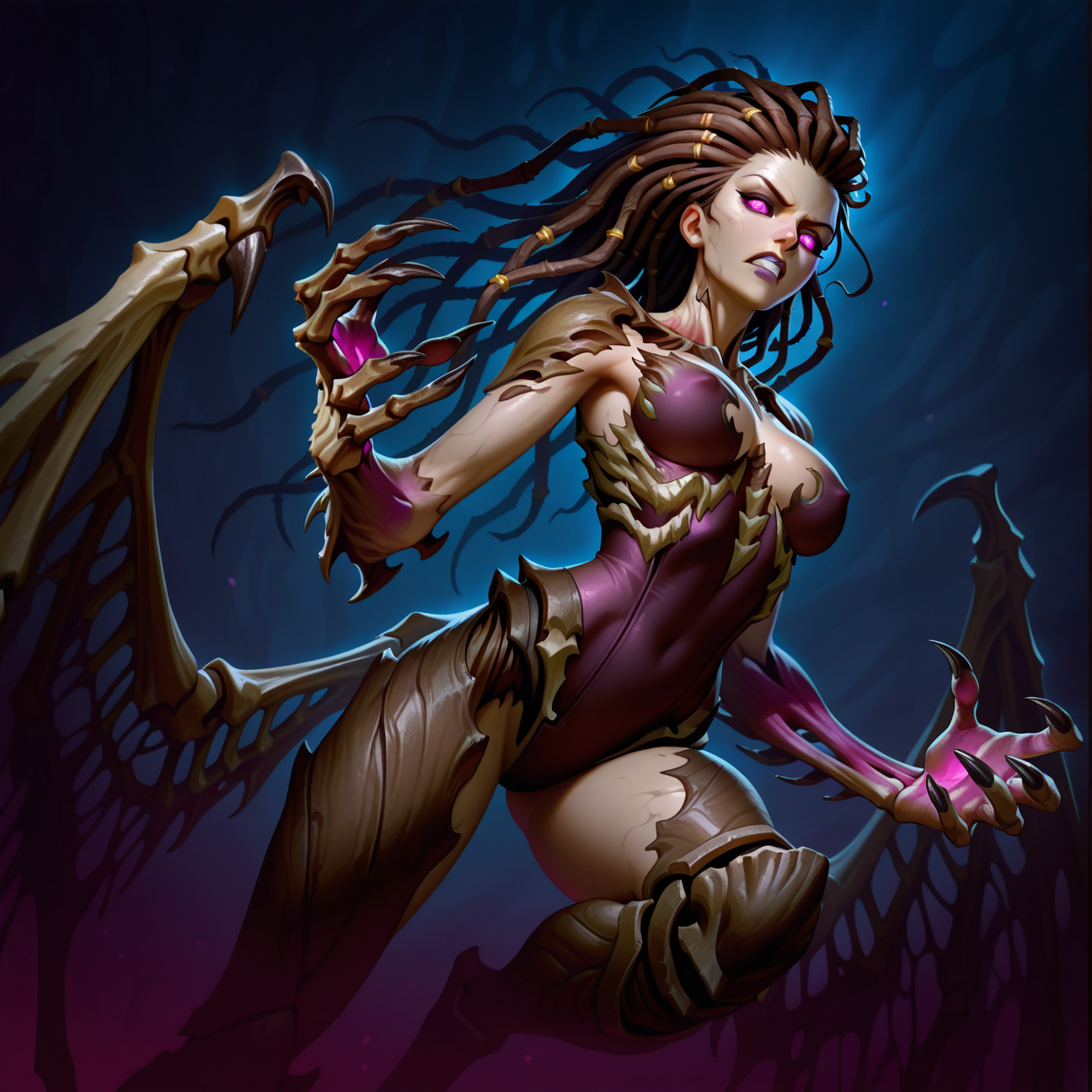 <lora:Hearthstone-ArtStyle:1>, h34rthst0n3-style, masterwork, masterpiece, highres, very aesthetic, absurdres, 8k, uhd, high detailed face, absolutly gorgeous, high detailed eyes, perfect eyes, dynamic light, dynamic angle, ray tracing, breast focus, 1girl, solo, long hair, medium breasts, covered nipples, sexy, looking at viewer, purple eyes, teeths, wings, pink eyes, colored sclera, purple sclera, makeup, colored skin, glowing, clenched teeth, monster girl, lipstick, claws, glowing eyes, purple lips, dreadlocks, dark, dark atmosphere, skeletal wings, arm armor, leg armor, skeletal armor, low wings, (infested kerrigan), sarah kerrigan, masterpiece, best quality, amazing quality, masterwork, cinematic light, harsh shadows, light and shadows, perfect composition