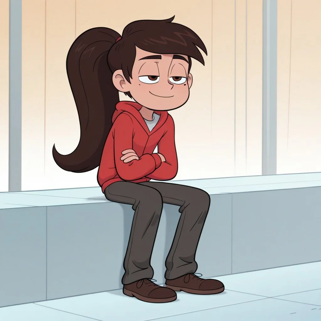 score_9, score_8_up, score_7_up, Marco_Diaz, 1boy, solo, brown hair, long hair, brown eyes, mole under eye, ponytail, 
red hoodie, gray pants, brown shoes,
Sitting, crossed arms, smile, full body, Half-closed eyes