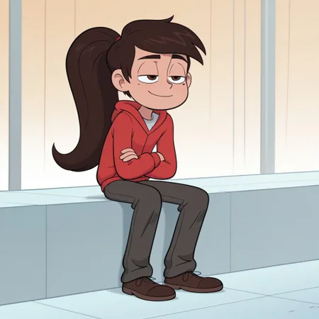 score_9, score_8_up, score_7_up, Marco_Diaz, 1boy, solo, brown hair, long hair, brown eyes, mole under eye, ponytail,
red hoodie, gray pants, brown shoes,
Sitting, crossed arms, smile, full body, Half-closed eyes