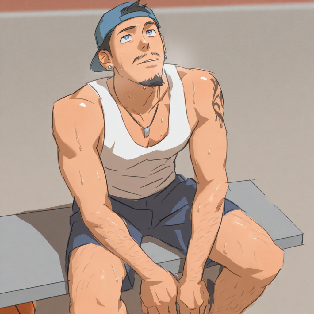 <lora:Illustrious\Style\eona_v1-06>sketch, hand drawn, masterpiece, bara, gay, yaoi, male focus,  1male, solo, 20yo, lean, tank top, shorts, backwards cap, sitting on concrete bench, looking up, sweaty, basketball court, earrings, necklace, tattoos, hairy legs, hairy arms, black hair, blue eyes, goatee, moustache, outdoors