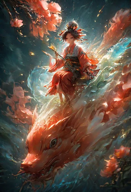 deep starry sky,huge light blue lotus,clouds are floating,cranes,chinese drangon,waterfall flows from top of the lotus, boy and girl, boy wields fireballs,girl in red clothes with pointed fox-like ears trembled nine fox tails.