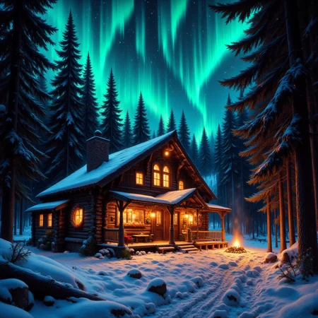 In a secluded forest clearing surrounded by towering pine trees that shimmer with an ethereal glow under the canopy of stars above, stands a cozy wooden cabin. The rustic dwelling is adorned with twinkling fairy lights and wreaths made from fragrant evergreen branches. A thick blanket of snow crunches softly beneath your boots as you approach the inviting warmth emanating from within.
As night falls, the sky transforms into an otherworldly canvas of swirling colors - emerald greens, sapphire blues, and fiery oranges dance in mesmerizing patterns above. The air is crisp with a hint of woodsmoke and pine resin. Suddenly, a majestic moose emerges from the shadows, its antlers reaching towards the aurora-lit heavens as if communing with the celestial magic.
In the distance, a herd of deer grazes peacefully under the spectral light show, their coats glistening like polished onyx in the shimmering hues. The forest comes alive with an enchantment that seems to pulse from every living thing - trees, creatures, and even the snowflakes themselves appear imbued with an ancient, mystical energy.
As you step inside the cabin's welcoming embrace, a crackling fire casts golden light upon plush furs and woven blankets. The scent of hot cocoa mingles with the earthy aroma of the forest outside. It's as if this secluded sanctuary has been waiting just for you - a place where wonder and magic converge under the starry expanse of the northern wilderness.,<lora:FluxDFaeTasticDetails:0.75>,<lora:FluxMythR3alisticF:1>,R3alisticF,<lora:FLUX_Bioluminescent_Concept:1>,bo-bioluminescent,