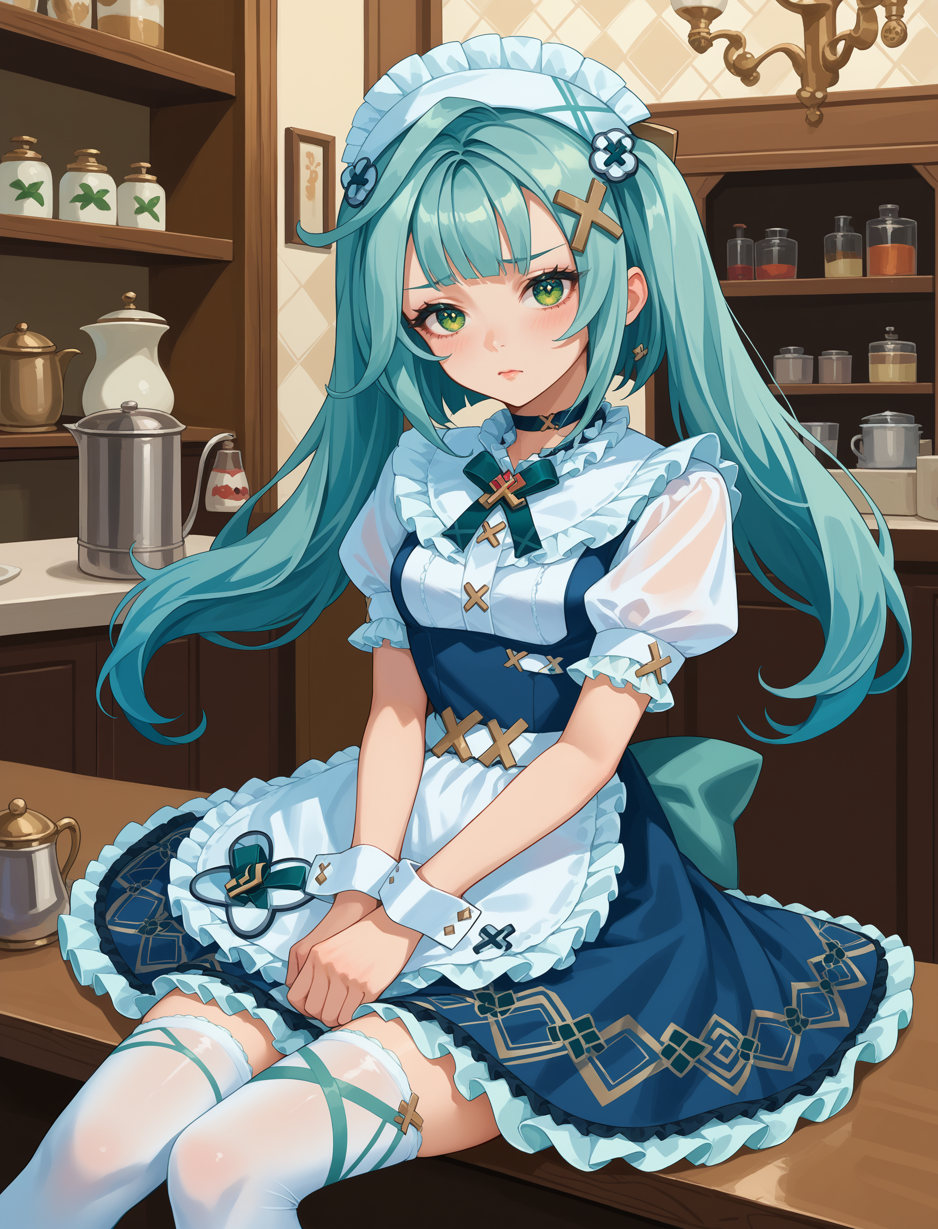 score_9, score_8_up, score_7_up, source_anime, <lora:wrenchGIFruzanCafe-000009:1>, wrnchgifrzncafe, long hair, green eyes, x hair ornament, aqua hair, twintails, 
frills, dress, puffy short sleeves, wrist cuffs, maid, maid headdress, maid apron, white apron, white wrist cuffs, white thighhighs, choker, frilled apron, breasts, 
shy, sitting, aqua nails,