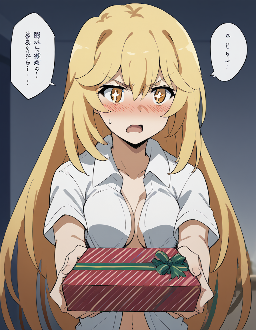score_9, score_8_up, score_7_up, source_anime, <lora:misaki-shokuhou-s3-ponyxl-lora-nochekaiser:1>, misaki shokuhou, blonde hair, hair between eyes, long hair, symbol-shaped pupils, yellow eyes, large breasts, <lora:incoming-gift-ponyxl-lora-nochekaiser:1>, incoming gift, outstretched arms, holding, holding gift, gift, gift box,, <lora:tsundere-ponyxl-lora-nochekaiser:1>, tsundere, blush, sweatdrop, open mouth, from side, speech bubble, bedroom, whirt shirt, naked shirt, open shirt, collared shirt, breasts apart, midriff, navel, no bra, collarbone,, cowboy shot,