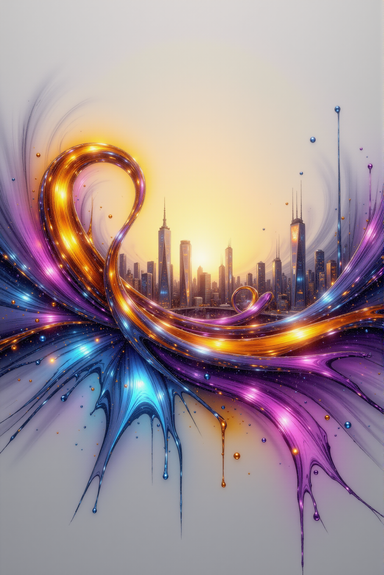 <lora:Vibrantly_Abstract_style:0.8> VibrantlyAbstract style. (a fine color ink lineart sketching of a (silhouette) of a city with a glossy shiny outline vibrant colors (reflective:1.05) volumetric splash of glary oil paint, colorful, flares, best quality, elegant, sharp clear art:1.1).
(Satin-metallic fluid twists gracefully through a gradient void, its surface reflecting soft pearlescent light in silver and bronze hues that cascade across each contour; the entire form flows in a seamless helix, with volumetric shadows deepening around its folds and curves, enhancing dimensional fluidity; illuminated highlights sharpen along its crest lines, revealing a brushed micro-texture beneath the sheen; the backdrop fades into smooth graphite grays, allowing the central form to dominate as a sculptural essence of kinetic elegance, poised between abstraction and minimalism:0.9).