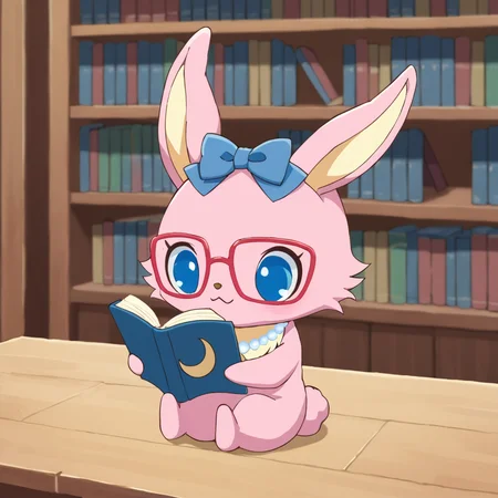 score_9, score_8_up, score_7_up, source_furry, solo, jpluna, female, chibi, feral, rabbit, pink fur, yellow inner ears, red glasses, blue ribbon on head, yellow chest fur, white pearl necklace, blue crescent gem, blue eyes, looking down, smile, (reading book), sitting, sprea legs, detailed background, library, <lora:Luna_wearing_glassesjewelpet:1>