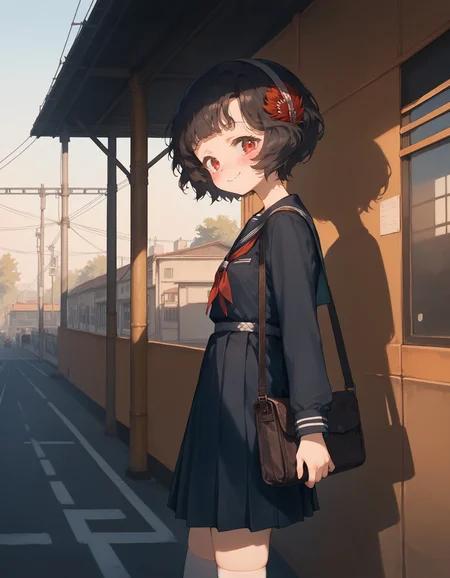 score_9, score_8_up, score_7_up, score_6_up, source_anime, outdoors, train station, rails, shade,
BREAK
1girl, schndef, short hair, feather hair ornament, white hairband, red eyes, small breasts, serafuku, sleeves past wrist, sailor collar, pleated skirt, shoulder bag, thighhighs, maryjanes, blush, from side, looking at viewer, nervous, wavy mouth, wavy smile,
<lora:r1999schneider-pdxl-ravenfoot-v1-CAME:1.0>