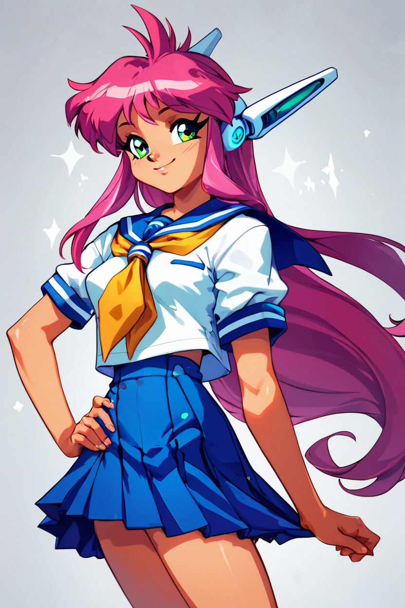 score_9, score_8_up, score_8, medium breasts, (curvy), cute, eyelashes,  <lora:NukuNuku_PDXL:0.8>,  artstyle, 1990s (style),  zzNukuNuku, green eyes, pink hair, long hair, robot ears, retro  school uniform, serafuku, blue skirt, white shirt,   BREAK,  hip to the side, hand on hip, contrapposto,,   BREAK,  solo, smile, looking at viewer, cowboy shot,  embedding:zPDXL, Expressiveh,   <lora:CatalystStylePDXL:0.3>,  <lora:SDXLFaeTastic2400:0.5>,   <lora:Expressive_H-000001:0.4>,