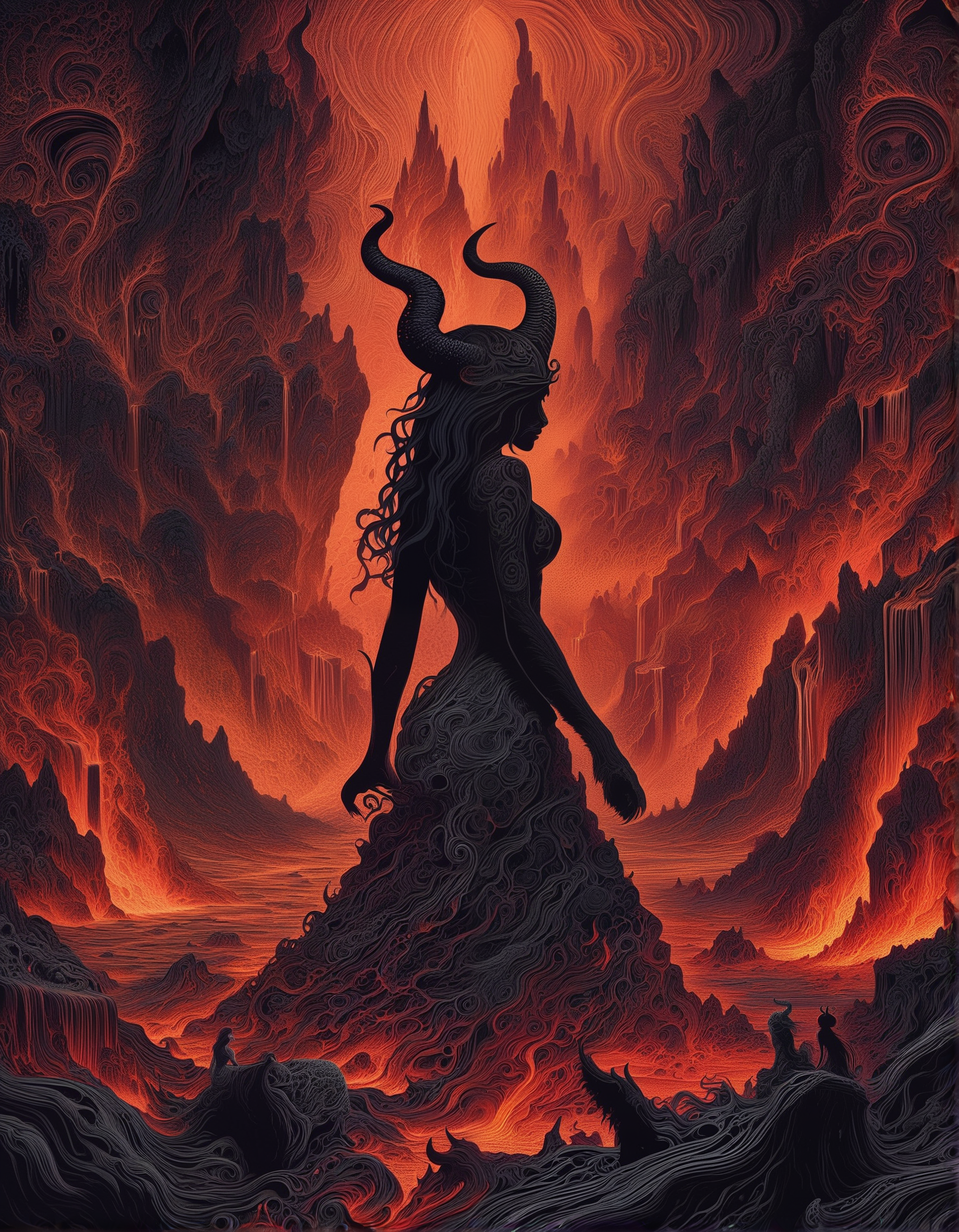 trippy artwork, illustration, abstract, 1girl, demon, horns, tail, wings, perfect body, pretty face, flying through hell, lava flows, rock columns, gigantic cave, bones, skull, ancient black monuments and ruins and structures, lavafalls, smoke, ash particles, ash layer, demonic vegetation, mandala, dark, eerie, high contrasts
