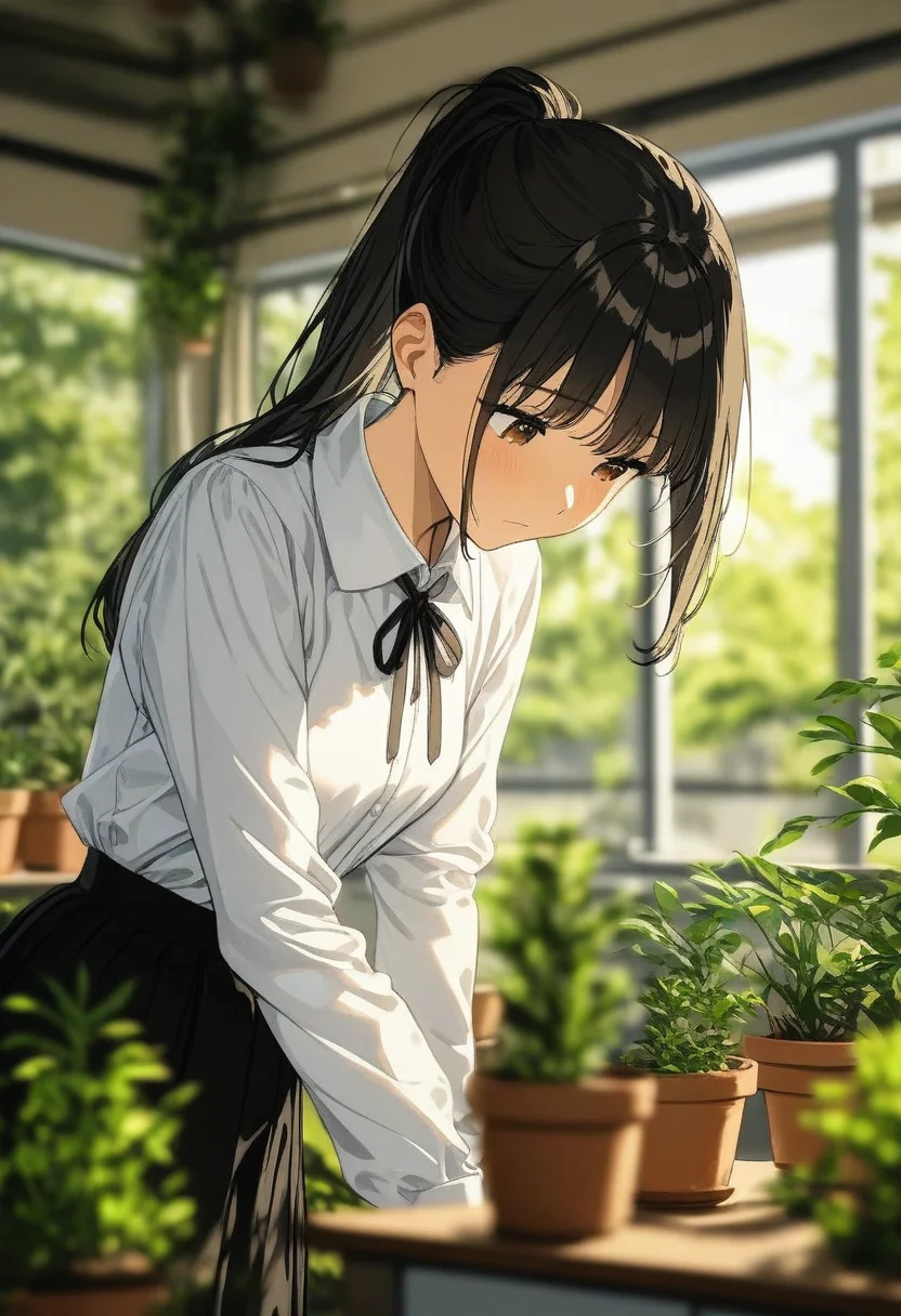 <lora:BLE 0.5v:1>, BLE, best quality, masterpiece, detailed background,
1girl, solo, long hair, shirt, skirt, black hair, long sleeves, ribbon, closed mouth, brown eyes, white shirt, ponytail, collared shirt, day, indoors, black skirt, blurry, neck ribbon, black ribbon, depth of field, looking down, plant, blurry foreground, potted plant