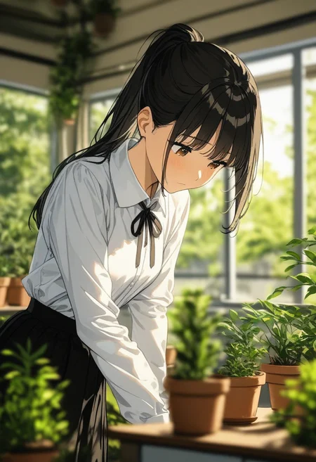 <lora:BLE 0.5v:1>, BLE, best quality, masterpiece, detailed background,
1girl, solo, long hair, shirt, skirt, black hair, long sleeves, ribbon, closed mouth, brown eyes, white shirt, ponytail, collared shirt, day, indoors, black skirt, blurry, neck ribbon, black ribbon, depth of field, looking down, plant, blurry foreground, potted plant