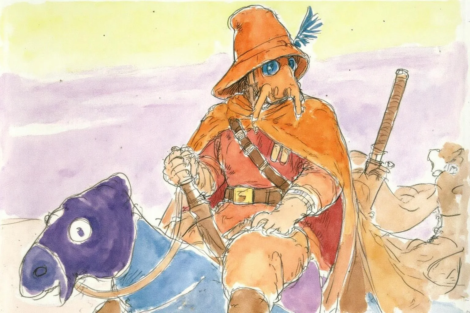 hayaomiyazaki2 illustration.
A man in a vibrant orange cloak and a hat with goggles and a gas mask is riding a horse. He is holding a sword and appears to be in motion. The horse is adorned with a blue and purple saddle. The background features a soft gradient of light yellow and purple. <lora:hayaomiyazaki2_cap_d8a4:1.0><lora:861025734913692337:0>
