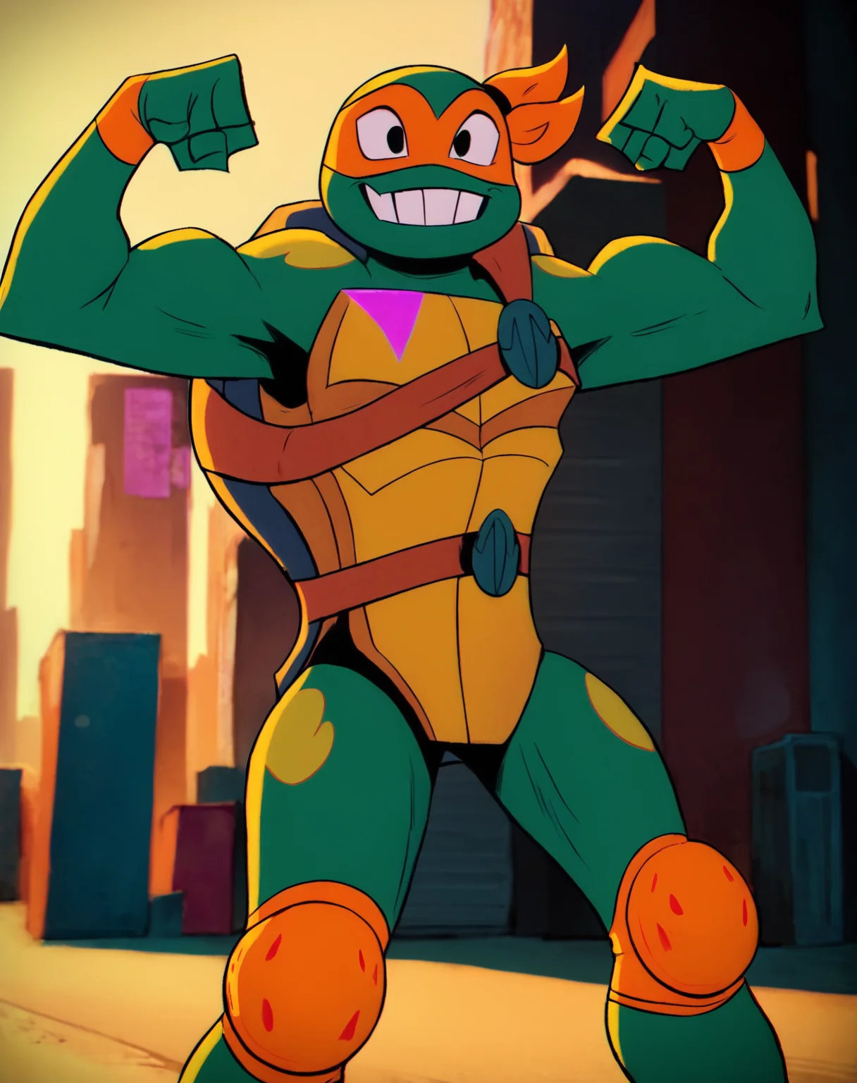 score_9, score_8_up, score_7_up, smooth lines, countershading, soft shading, 2d, extreme detail, 4K, high definition, high resolution, <lora:rottmnt8:0.8>, 1boy, solo, Mikey, green skin, turtle, mask, belt, legwear, knee pads, standing, grin, flexing, Outdoors,