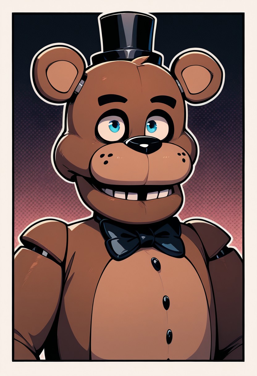 <lora:freddy-09:1> freddy, black bowtie, black hat, brown skin, bear ears, animatronic, masterpiece, best quality, amazing quality, very aesthetic, absurdres, newest, masterpiece, best quality, amazing quality, very aesthetic, absurdres, newest,, upper body, halftone effect, white borders, abstract background:1.2,