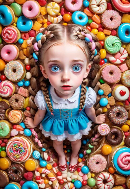 Aerial perspective Of a girl like as character from fairytales, two Braids, big perfect eyes, detailed skin, between walls of sweets, candies, cakes, pieces of cake and other confections, by (john Wilhelm:1.36)