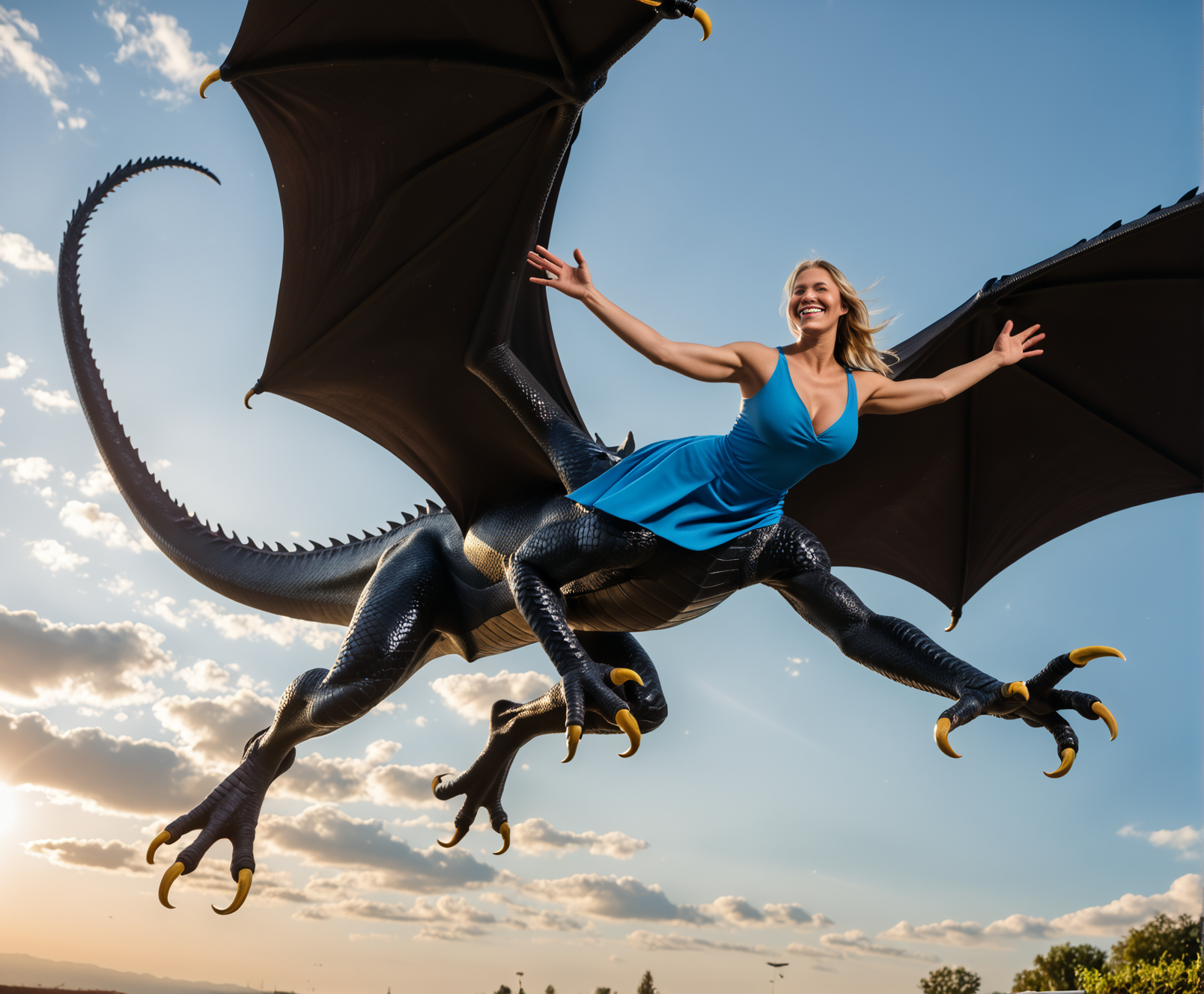Stable_Yogis_PDXL_Positives, 
(flying female dragon taur), from below, close-up, from side, 
fit body, blonde hair, big breast, 
(big dragon body, dragon legs, four legs, black scales, detailed scales, talons, huge wings), 
(blue dress, strong wind), 
flying, bent over, smile, stretched arms, 
sky, clouds, skies, above the clouds, 
masterpiece, best details, best effects, photoreaslistic, 
<lora:centaurs_7_5e_pony_prodigy_1:0.75>
