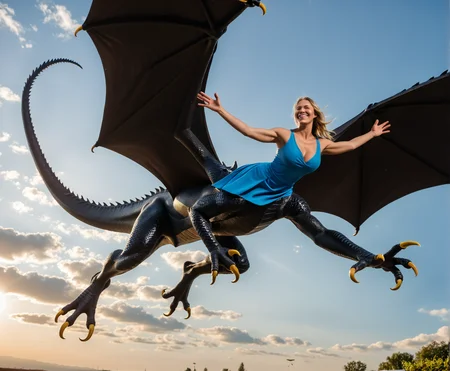Stable_Yogis_PDXL_Positives,
(flying female dragon taur), from below, close-up, from side,
fit body, blonde hair, big breast,
(big dragon body, dragon legs, four legs, black scales, detailed scales, talons, huge wings),
(blue dress, strong wind),
flying, bent over, smile, stretched arms,
sky, clouds, skies, above the clouds,
masterpiece, best details, best effects, photoreaslistic,
<lora:centaurs_7_5e_pony_prodigy_1:0.75>