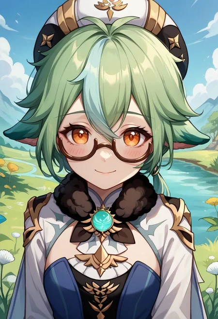 score_9, score_8_up, score_7_up, source_anime, 1girl, sucrosedef, orange eyes, green hair, multicolored hair, hair between eyes, long hair, ponytail, animal ears, glasses, semi-rimless eyewear, hat, beret, fur collar, vision (genshin impact), blue dress, gold trim, cape, long sleeves, white gloves, garter straps, black thighhighs, knee boots, white footwear, wariza, kneeling, closed mouth, smile, blush, looking at viewer, outdoors, grass, lake, wind, dandelion, portrait, close-up, upper body, facing viewer, <lora:Sucrose_v1-000010:1>
