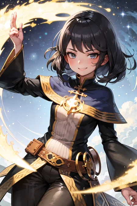 illustration, 1girl, black hair, fantasy, wizard, (floating,:1.3) night sky, (wide shot:1.2) ,(smirk,:1.3), magic, <lora:ironcatlora3Anime_v10:1>