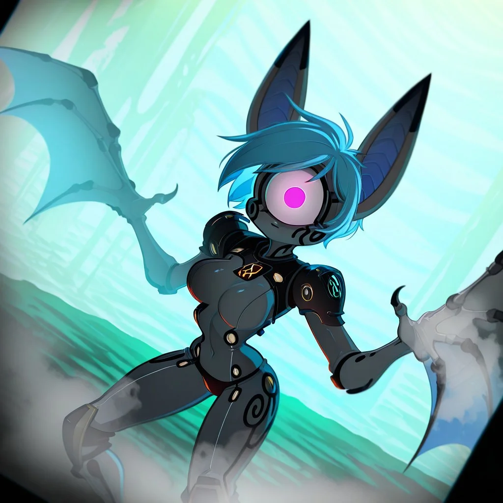 Vanth,1girl, solo, furry, gray fur, pink eyes, blue hair, black marks around eyes and the tips of her ears, single claw on each of her wings,
masterpiece, best quality, amazing quality, high resolution, aesthetic, solo, silent assassin, sci-fi horror android, uncanny humanoid, stealth unit, red details, sleek composite armor, ultra-thin waist, segmented armor panels, reinforced nanocarbon plating, smooth black faceplate, faceless, cyclops, robot eye, blunt cut metal hair, backlit in fog, robot body, creepy, sniper, stealthy pose, from angle,