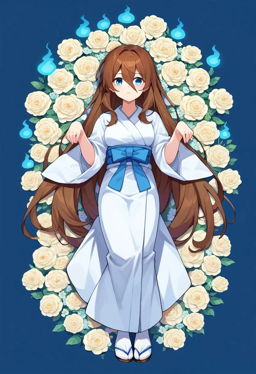 score_9, score_8, score_7, source_anime, 1girl, solo, shiroshouzoku, full body, blue eyes, ghost pose, brown hair, flower, hair between eyes, on back, very long hair