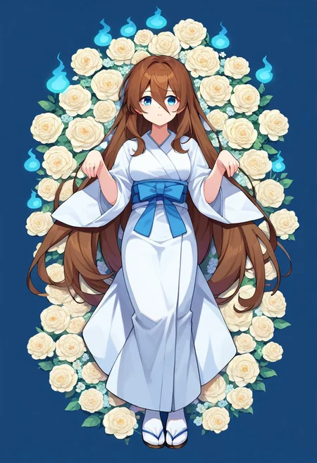 score_9, score_8, score_7, source_anime, 1girl, solo, shiroshouzoku, full body, blue eyes, ghost pose, brown hair, flower, hair between eyes, on back, very long hair
