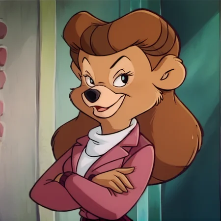 score_9, score_8_up, score_7_up, score_6_up, score_5_up, score_4_up, BREAK, <lora:rebecca_cunningham:1>,rebecca cunningham , rebecca cunningham , 1girl, solo, long hair, smile, open mouth, animal ears, jacket, upper body, looking to the side, crossed arms, furry, furry female, retro artstyle, bear girl, brown fur, brown hair, body fur, furry girl