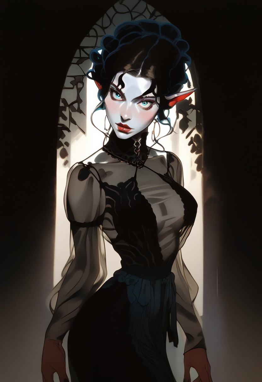 score_9, score_8_up, score_7_up,
1 girl, solo,
elf woman, beautiful, delicate,
black hair, slicked hair, large breasts,
pale skin, milky skin, very tall,
light blue eyes, looking at viewer,
petite body, dark elvish make-up,
dark blue intricate dress, thin translucent gown,
dynamic pose, sexy posing,
fantasy, elvish style,
boris valejjo,