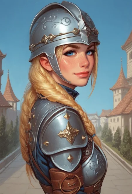 1girl, (((side view))), illustration, looking at viewer, highly detailed, source_comic_illustration, from front, 1girl, illustration, comic style, looking at viewer, highly detailed, source_comic_illustration, skinny, looking at viewer, 1girl, masterpiece, best quality, <lora:Evie_Frye_pxl:1> score_9, score_8_up, score_7_up, score_6_up, score_5_up, score_4_up, source_photo, source_real, 1girl, solo, long hair, breasts, ((gatekeeper clothes)), looking at viewer, blonde_hair, ((((medieval helmet)))), cleavage, closed mouth, blue eyes, guards armor, eyelashes, ((leather armor)), freckles, realistic, nose, (((dynamic pose, dynamic angle)))
BREAK
sad smile, looking at viewer,
BREAK
best quality, depth of field, bokeh, (((full clothed))) (best quality, high detail), ((masterpiece)), ((((holdind big sword in hands)))), <lora:1_ino_20e:1>
BREAK
((((blue sky, city)))) score_9, score_8_up, score_7_up, score_6_up, source_cartoon, rating_explicit, Expressiveh, (((((upper body))))), dynamic pose