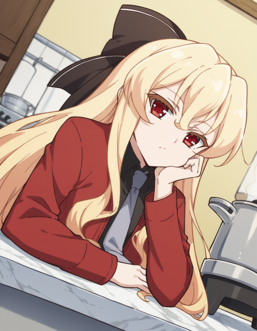 score_9, score_8_up, score_7_up, source_anime, <lora:leticia-draculea-s1-ponyxl-lora-nochekaiser:1>, leticia draculea, long hair, blonde hair, red eyes, very long hair, sidelocks, hair bow, black hair bow,, shirt, black shirt, jacket, red jacket, necktie, shorts, thighhighs, striped thighhighs,, kitchen, stove, fridge, utensils, chef, , sitting, head rest, table,, looking at viewer, solo,, dutch angle, cowboy shot