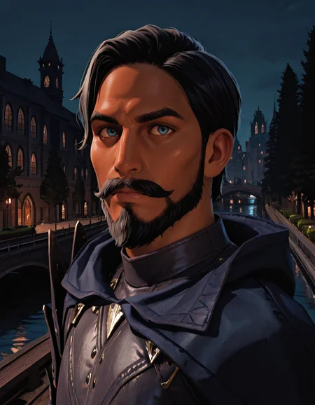 cinematic_depth, 8k, soft_lighting, warm_glow, ultra_high_quality, masterpiece, best quality, newest, perfect quality, best quality, detailed background, intricate details, male focus, solo, realistic, <lora:Dragon Age Veilguard - Viago de Riva - Illustrious-000004:0.7>, dav_viago, 1boy, black hair, short hair, dark skin, beard, mustache, blue eyes, leather armor, hooded cloak, single pauldron, outdoors, night, city, buildings, on bridge, water, canal, plants, trees, looking at viewer, portrait