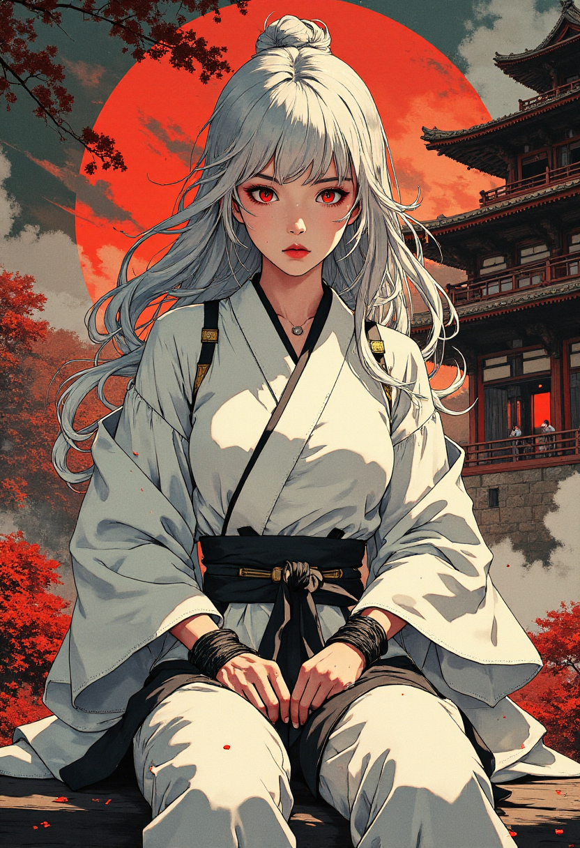 (Ink Style, A stunning  illustration in high-quality anime style, stunningly beautiful and cool female samurai, wearing white kimono, her silky-like silver hair flowing the wind, crimson red eyes burn deeply, her gaze piercing like an arrow. sitting with confidently and cool expression, antique japanese temple on her background, extemely detailed, masterpiece, hig quality ), <lora:CPA:0.6>,  <lora:Luminous_Shadowscape:0.8>,  <lora:9mix:0.6>,  <lora:RetroAnimeFluxV1:0.6>