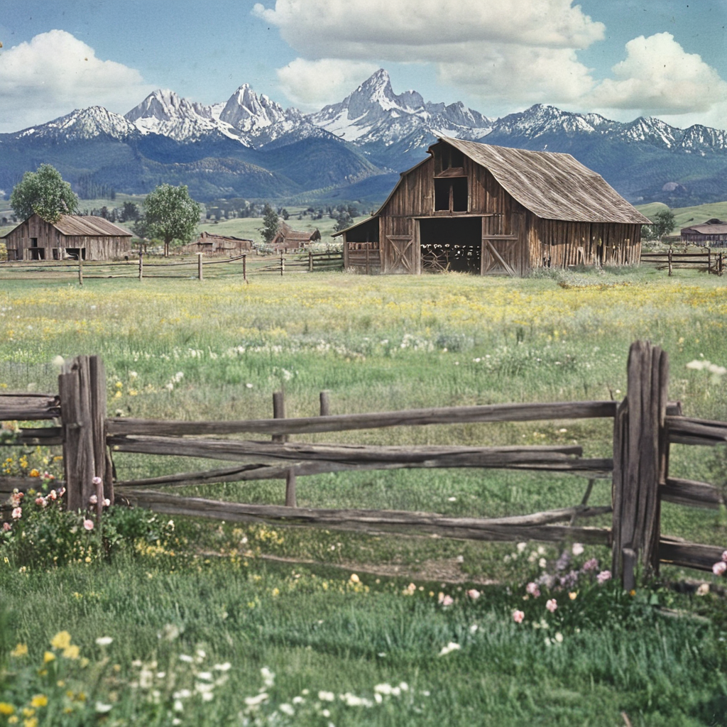 <lora:40s_Western_MovieSDXL:1> ArsMovieStill, movie still from a 1940s western movie, The image shows an old barn in the middle of a field surrounded by a fence with a tree in the foreground and mountains in the background. The sky is filled with clouds and the ground is covered with plants and flowers., scenery, outdoors, no humans, sky, tree, house, grass, day, mountain, cloud