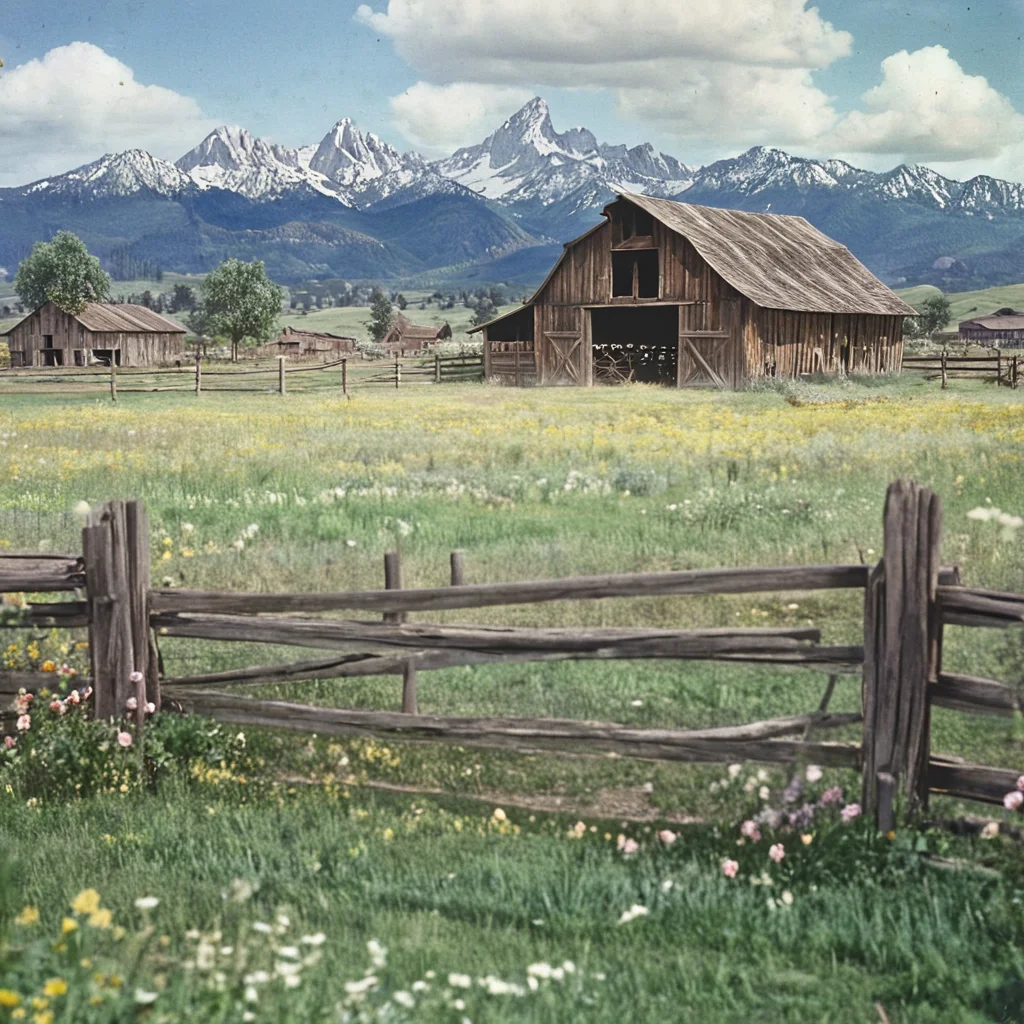 <lora:40s_Western_MovieSDXL:1> ArsMovieStill, movie still from a 1940s western movie, The image shows an old barn in the middle of a field surrounded by a fence with a tree in the foreground and mountains in the background. The sky is filled with clouds and the ground is covered with plants and flowers., scenery, outdoors, no humans, sky, tree, house, grass, day, mountain, cloud