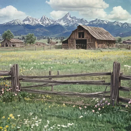 <lora:40s_Western_MovieSDXL:1> ArsMovieStill, movie still from a 1940s western movie, The image shows an old barn in the middle of a field surrounded by a fence with a tree in the foreground and mountains in the background. The sky is filled with clouds and the ground is covered with plants and flowers., scenery, outdoors, no humans, sky, tree, house, grass, day, mountain, cloud