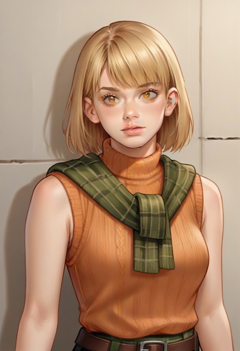 <lora:ashleygraham:0.9>, ashleygraham, photorealism, 1girl,solo,blonde hair,bob cut,bangs, golden eyes,orange turtleneck,sleeveless,brown sweater over shoulder,,green plaid skirt,brown belt, ,,,