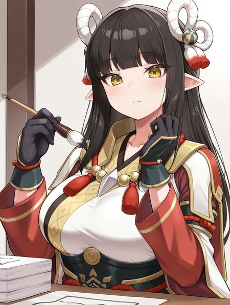 minoto, 1girl, solo, looking at viewer, sidelocks, blush, closed mouth, upper body, paper, calligraphy brush, red eyeliner, collarbone, large breasts, holding paper, holding calligraphy brush, double hair ornament, white kimono, red sleeves, black gloves, 4 finger hands,
masterpiece,best quality,amazing quality,very aesthetic,absurdres,newest,<lora:Minoto and Hinoa illuXL v1.1:0.75>,