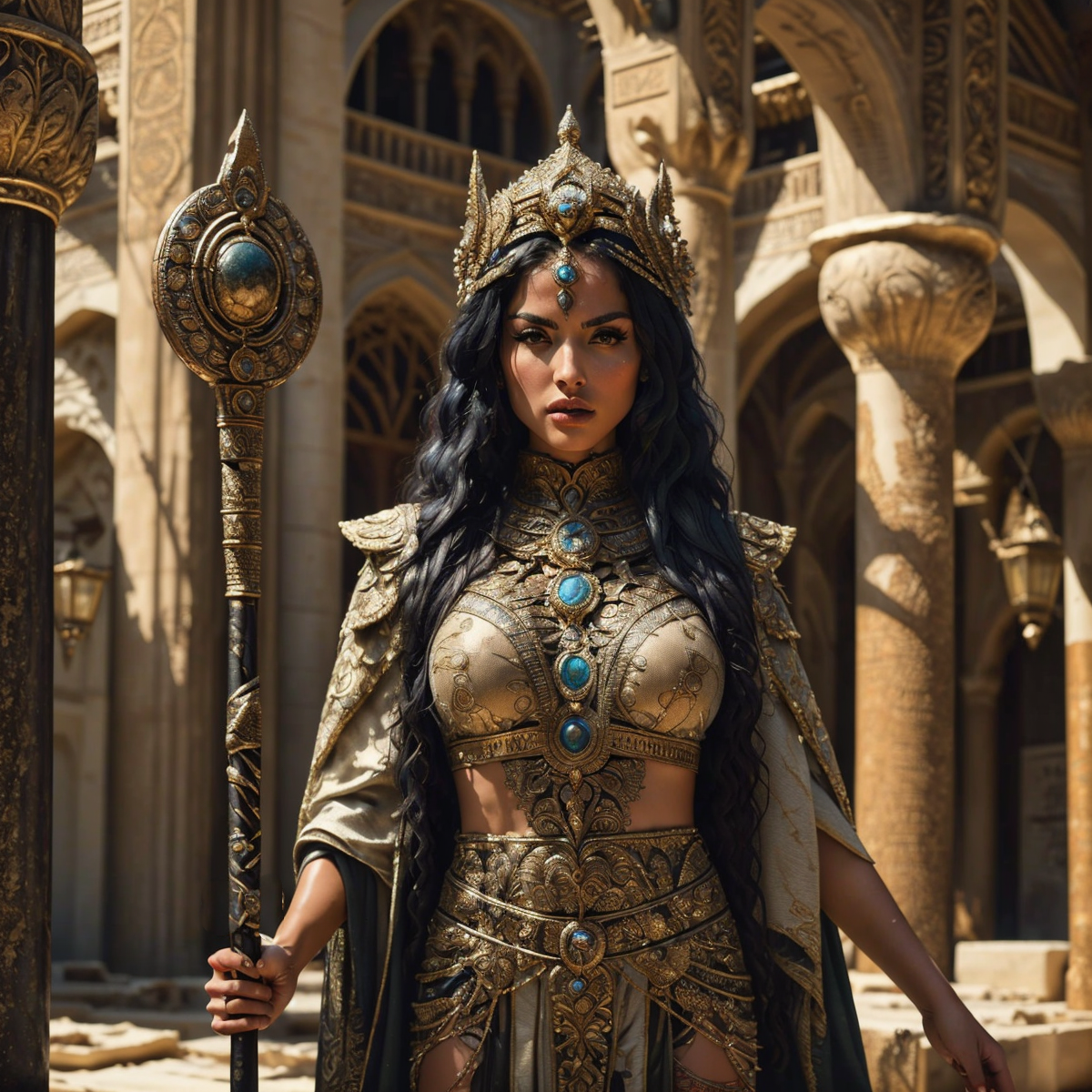 RAW photo, (masterpiece:1.3), subsurface scattering, heavy shadow, (high quality:1.4), (intricate, high detail:1.2), professional photography, HDR, High Dynamic Range, realistic, ultra realistic, photorealistic, high resolution, film photography, ambient lighting, atmospheric effects, <lora:detail_slider_v4:2>, OverallDetail, elle, <lora:Elle:1>, <lora:StygianArmor:0.62>, stygar, as a female stygian sorceress wearing elaborate robes and (holding a staff), dark makeup, in a palace in stygia, epiCPhoto