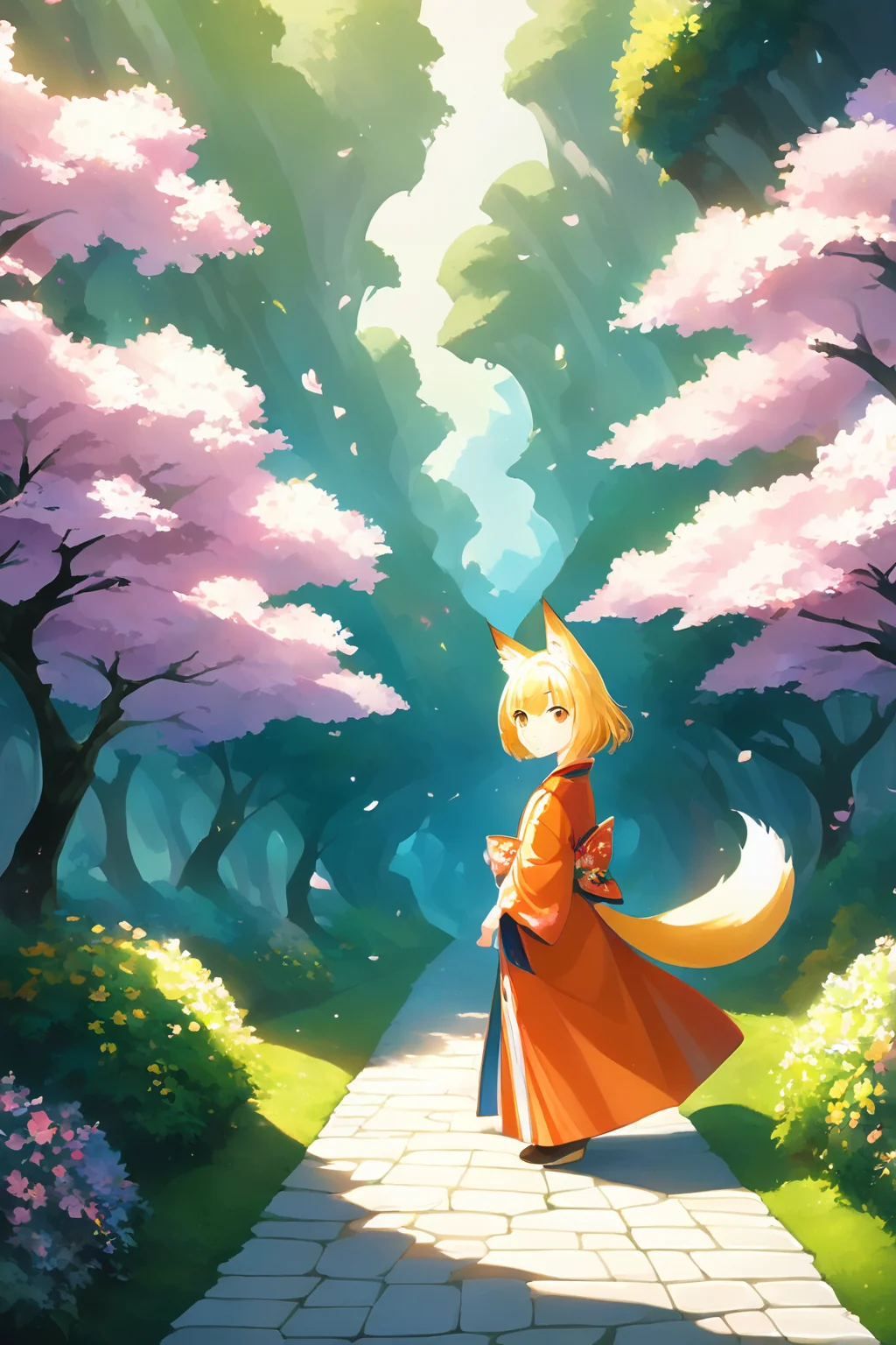 score_9, score_8_up, score_7_up, score_6_up, (masterpiece, best quality:1.2), highres, best illustration, 8k wallpaper, (Traditional Media), (2d:1.2), wide shot, (dynamic angle:1.1), , outline, ((thick lineart)), cover, stylish, official art, (details:1.2), (fantasy), garden, (bloom:1.1), glow:0.2, shadow, nature, cherry blossoms, particles, (depth of field), sharp focus, (volumetric lighting), (bokeh:0.6), film grain:0.4, day, (soft lighting:1.1), youukkoo, blonde hair, short hair, fox ears, orange kimono, orange eyes, animal ear fluff, looking at viewer <lora:Sengoku_Youko_XL_00_01:1>