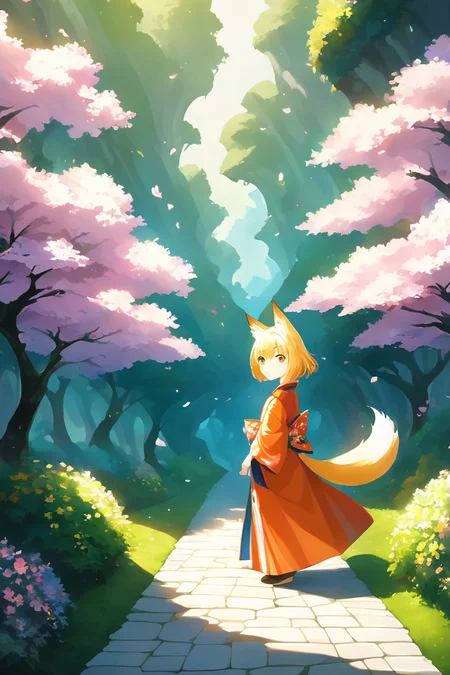 score_9, score_8_up, score_7_up, score_6_up, (masterpiece, best quality:1.2), highres, best illustration, 8k wallpaper, (Traditional Media), (2d:1.2), wide shot, (dynamic angle:1.1), , outline, ((thick lineart)), cover, stylish, official art, (details:1.2), (fantasy), garden, (bloom:1.1), glow:0.2, shadow, nature, cherry blossoms, particles, (depth of field), sharp focus, (volumetric lighting), (bokeh:0.6), film grain:0.4, day, (soft lighting:1.1), youukkoo, blonde hair, short hair, fox ears, orange kimono, orange eyes, animal ear fluff, looking at viewer <lora:Sengoku_Youko_XL_00_01:1>