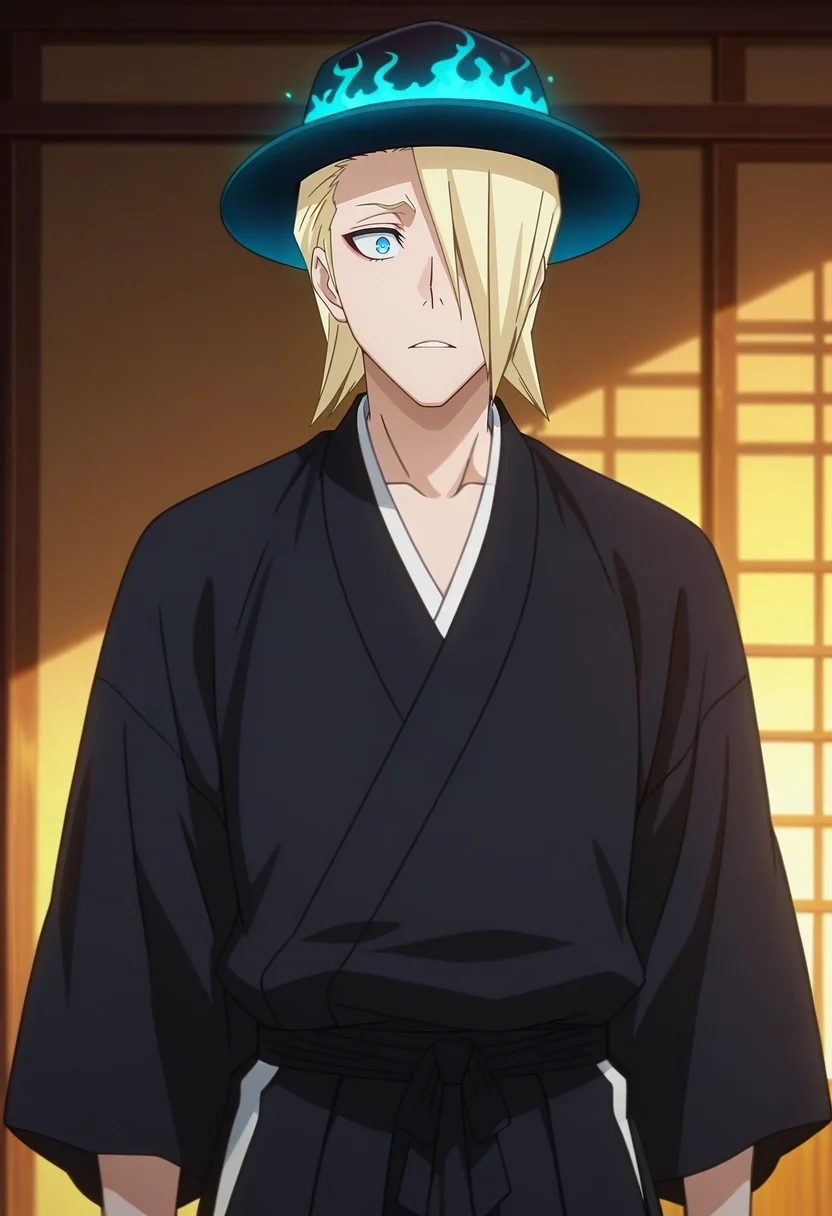 masterpiece, best quality, intricate details, anime screencap, anime coloring, official style, , 1boy, solo, male focus, <lora:izuru_kira_ilxl:0.98>, izuru_kira, blonde hair, blue eyes, short hair, hair over one eye, black kimono, luminous forest, glowing roots, enchanted glades, firefly streams, wandering pose, mesmerized expression, twilight glow, , pork pie hat