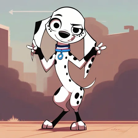 hi res, best quality, (source_cartoon), Score_9, score_8, score_7, best anatomy, Solo, 1girl, semi-anthro, dog, dog girl, dalmatian, female furry, white and black fur, black spots, short tail, long ears, dog ears, black eyes, full body, collar, day, open mouth, grin, peace sign, standing, looking at viewer, flat chested,