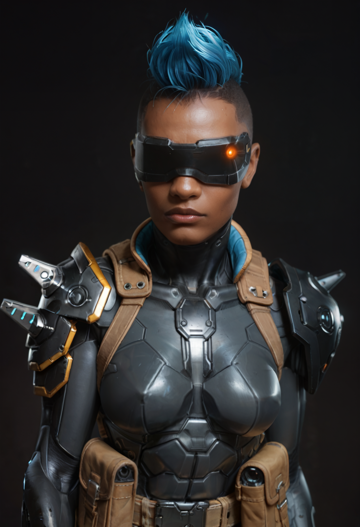score_9,score_8_up,score_7_up,score_6_up,1girl,solo,dark background,(upper body:1.15),(portrait:1.4),(eye_focus:1.5),black bodysuit,science fiction,blue hair,mohawk,belt pouch,armor,dark-skinned female,no eyes,hidden eyes,shoulder spikes,visor,blue lips,black gloves,cyborg,mechanical legs,medium breasts,boots,full body,       <lora:MyTrainings\Temp\Mad_Maggie_Outlawed_Tech_XL_Pony_ARZUMATA-000009.safetensors:0.5>